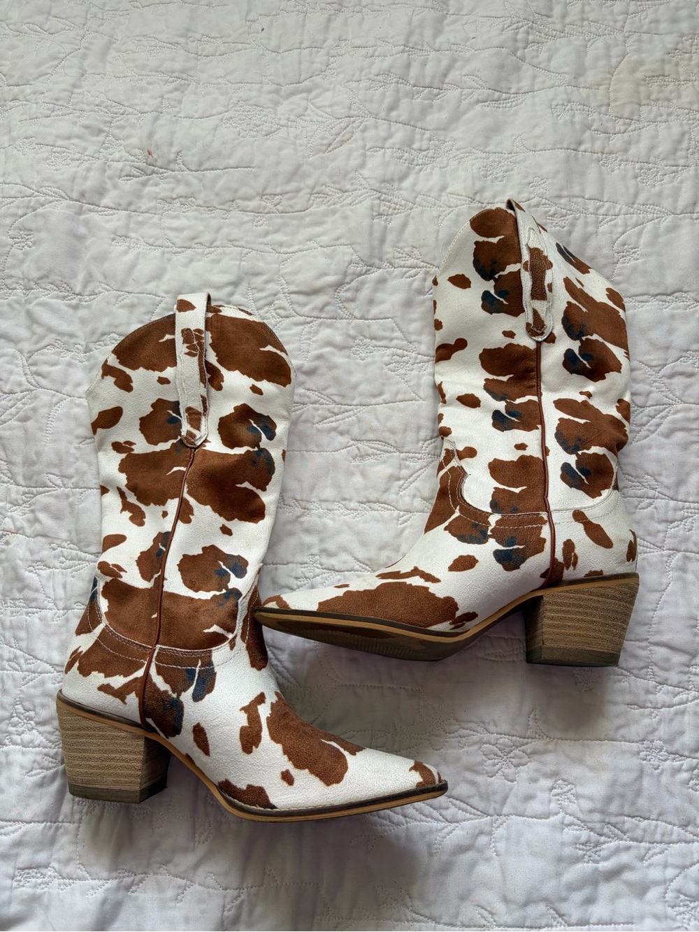 Cowprint Western Ankle Boots - White and Brown
